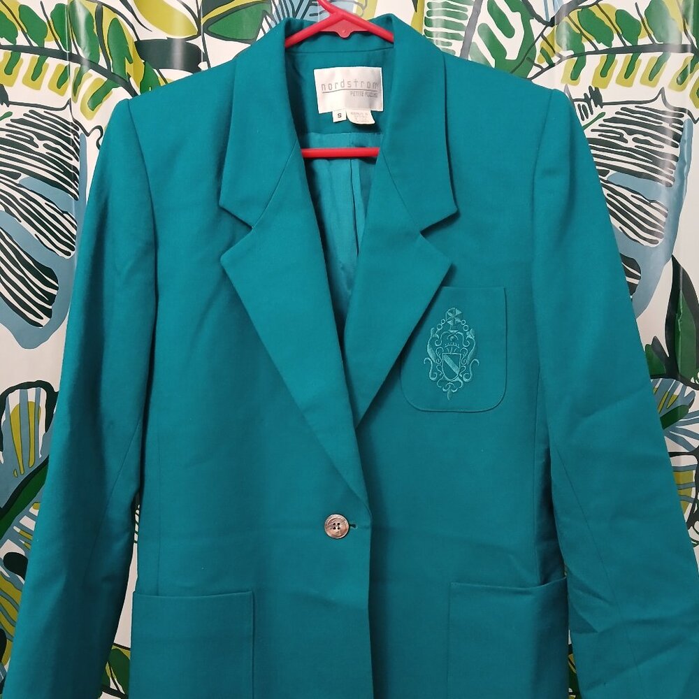 Vtg 80s Nordstrom Petite Focus 100% Wool Blazer Teal sz S Petite